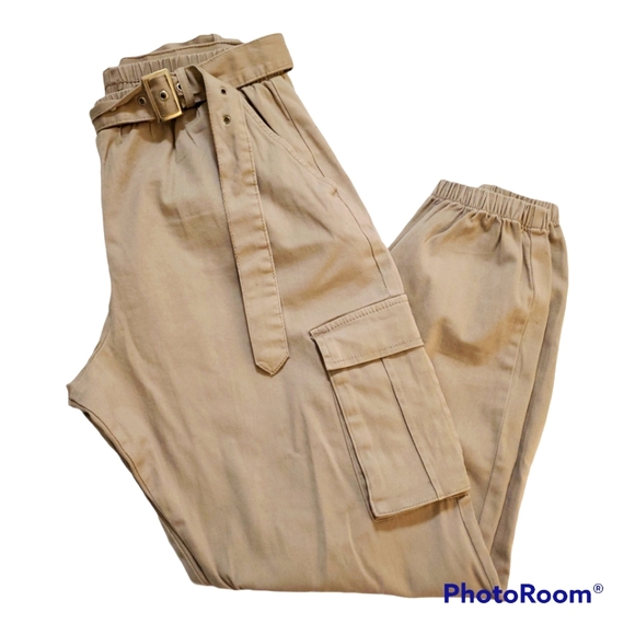 Tan high rise elasticized waist slash pockets cargo pockets cotton joggers - Picture 2 of 10